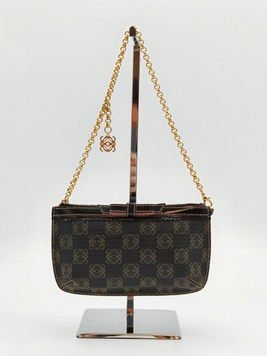 Loewe Handbags - Loewe Anagram Chain Pochette Brown Canvas Leather Mini Shoulder Bag